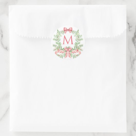 Christmas Wreath Candy Cane Bow | Monogram  Ronde Sticker (Tas)