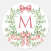 Christmas Wreath Candy Cane Bow | Monogram  Ronde Sticker (Voorkant)