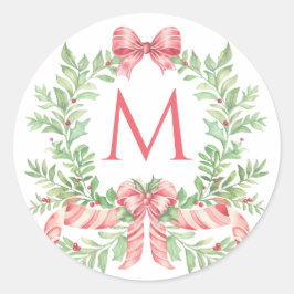 Christmas Wreath Candy Cane Bow | Monogram Ronde Sticker