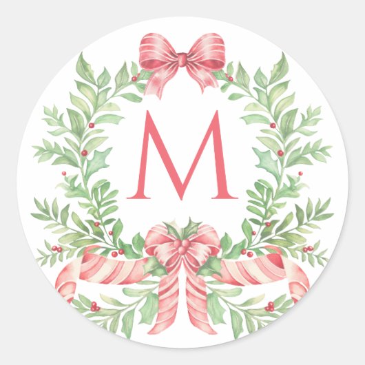 Christmas Wreath Candy Cane Bow | Monogram  Ronde Sticker (Voorkant)