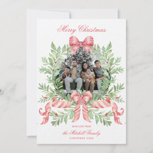 Christmas Wreath Candy Cane Bow | Photo Card Save The Date (Voorkant)