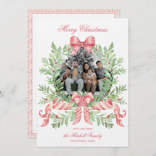 Christmas Wreath Candy Cane Bow | Photo Card Save The Date (Voorkant / Achterkant)