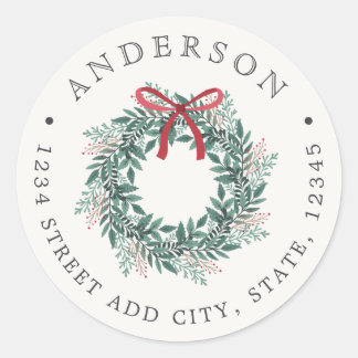 Christmas Wreath Family Name Return Address Ronde Sticker