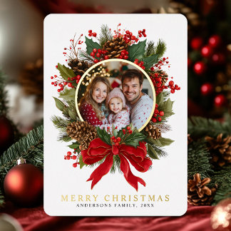 Christmas Wreath Family Photo Foil Holiday Card Folie Feestdagenkaart