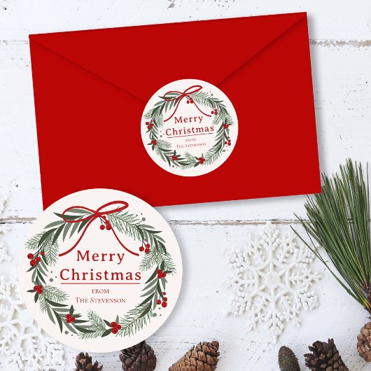 Christmas Wreath Happy Holidays Family Name | Ronde Sticker