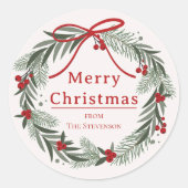 Christmas Wreath Happy Holidays Family Name | Ronde Sticker (Voorkant)