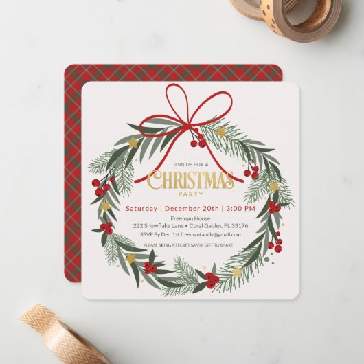 Christmas Wreath Holiday Party Uitnodigen Notitiekaartje (Voorkant / Achterkant in situ)