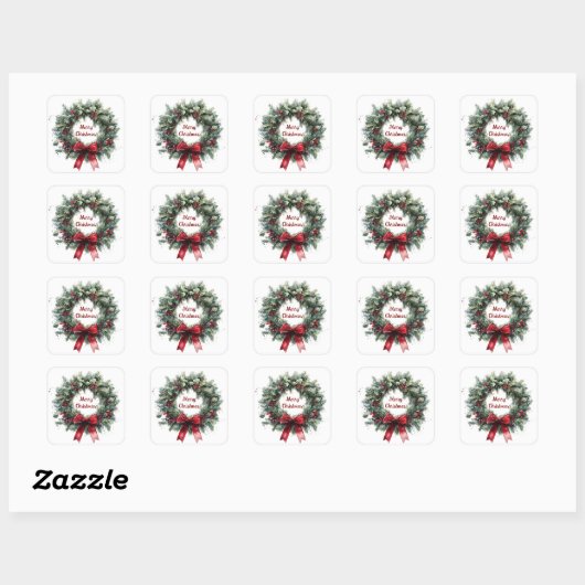 Christmas Wreath Holly Leaves Red Bow Greenery  Vierkante Sticker (Vel)