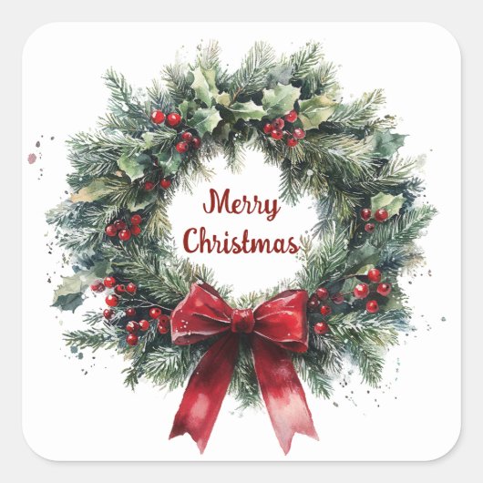 Christmas Wreath Holly Leaves Red Bow Greenery  Vierkante Sticker (Voorkant)