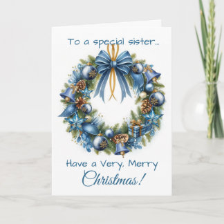 Christmas Wreath in Blue & Gold Card for Sister Feestdagen Kaart