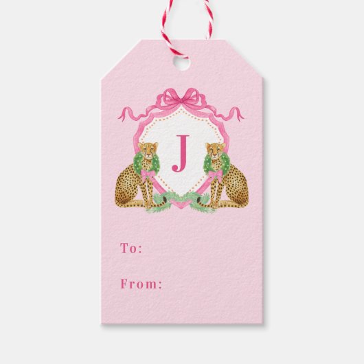 Christmas Wreath Leopard Crest Monogram  Cadeaulabel (Voorkant)