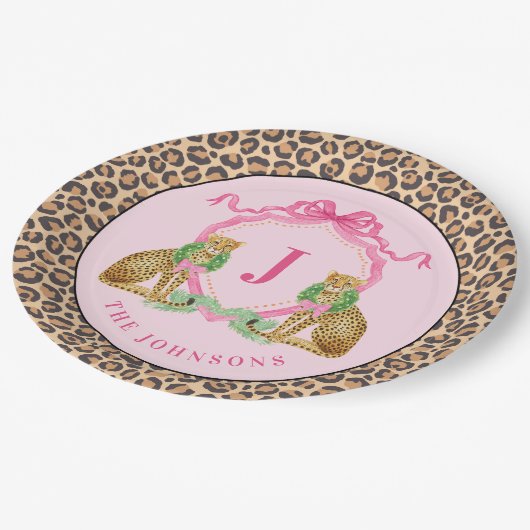 Christmas Wreath Leopard Crest Monogram Papieren Bordje (Gekanteld)