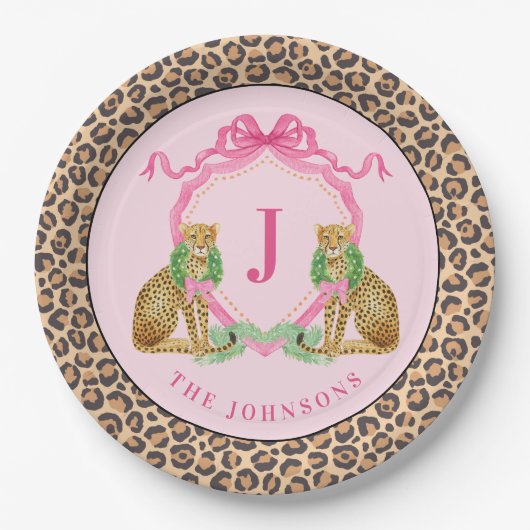Christmas Wreath Leopard Crest Monogram Papieren Bordje (Voorkant)