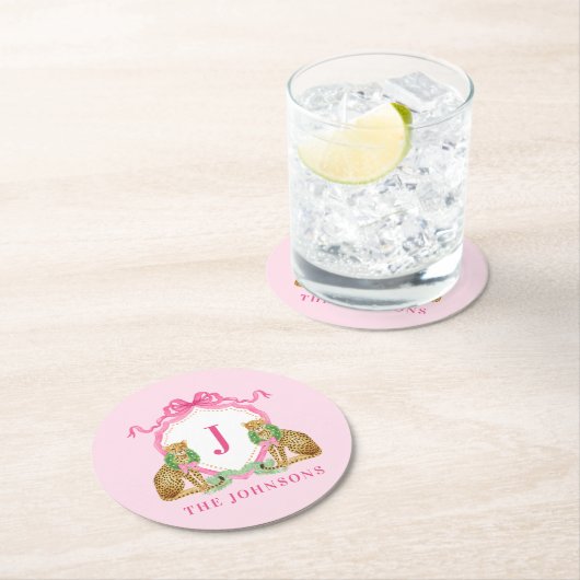 Christmas Wreath Leopard Crest Monogram  Ronde Kartonnen Onderzetter (Insitu)