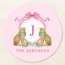 Christmas Wreath Leopard Crest Monogram Ronde Kartonnen Onderzetter
