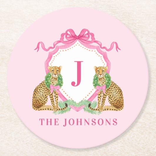 Christmas Wreath Leopard Crest Monogram  Ronde Kartonnen Onderzetter (Voorkant)