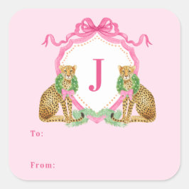 Christmas Wreath Leopard Crest Monogram Vierkante Sticker