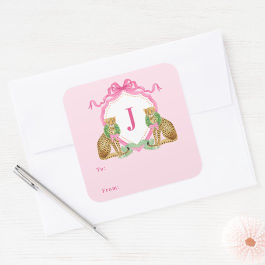 Christmas Wreath Leopard Crest Monogram  Vierkante Sticker (Envelop)