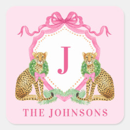 Christmas Wreath Leopard Crest Monogram Vierkante Sticker