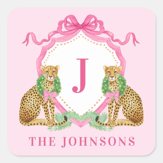 Christmas Wreath Leopard Crest Monogram  Vierkante Sticker (Voorkant)