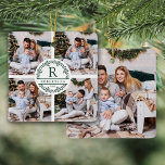 Christmas Wreath Monogram 5 Foto Keramisch Ornament<br><div class="desc">Dit elegante moderne gepersonaliseerde aandenken kerstornament heeft 4 foto's aan de voorkant en een aan de achterkant. In het midden op de voorkant is een gespleten krans met monogram initiaal,  familienaam en jaar.</div>