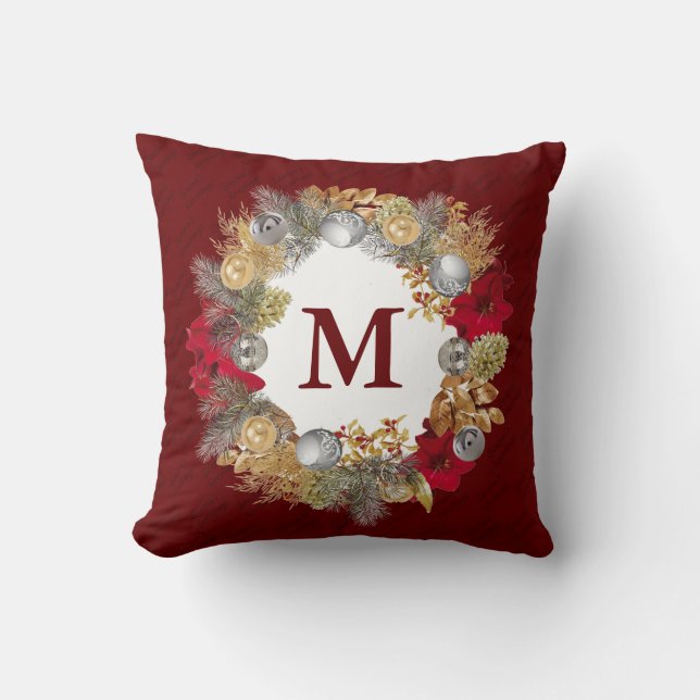Christmas Wreath MONOGRAM Bourgogne Kussen (Voorkant)