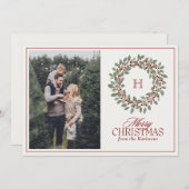 Christmas Wreath Monogram Foto Vrolijk Kerstfeest Feestdagenkaart (Voorkant / Achterkant)