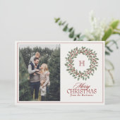 Christmas Wreath Monogram Foto Vrolijk Kerstfeest Feestdagenkaart (Staand voorkant)