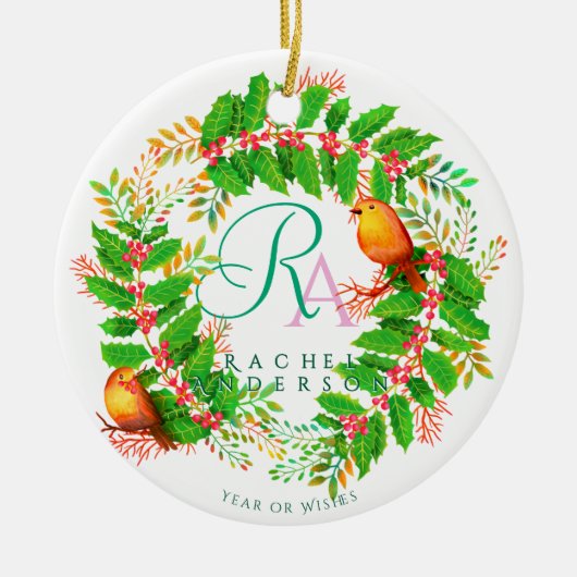 Christmas Wreath Monogram Foto Wit Keramisch Ornament (Voorkant)