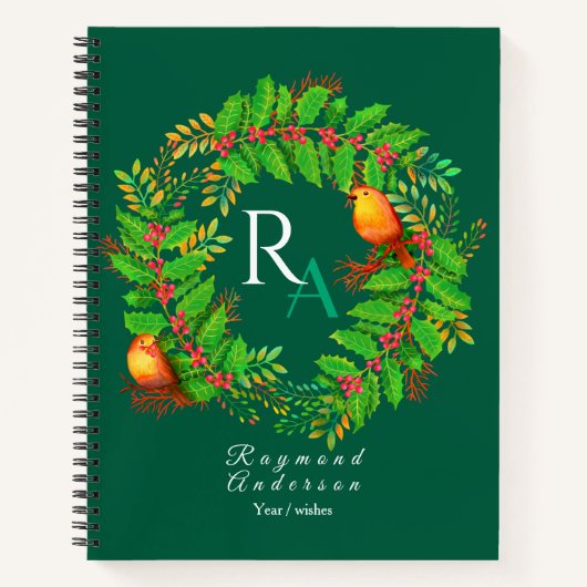 Christmas Wreath Monogram Hunter Green Notitieboek (Voorkant)
