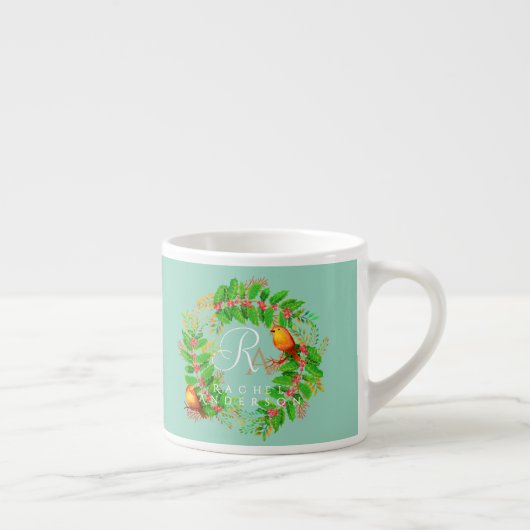 Christmas Wreath Monogram Licht Blauwgroen Espresso Kop (Rechts)