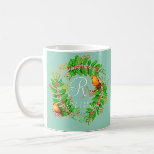 Christmas Wreath Monogram Licht Blauwgroen Koffiemok (Links)
