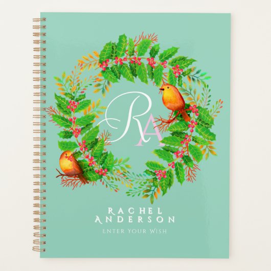 Christmas Wreath Monogram Licht Blauwgroen Planner (Voorkant)