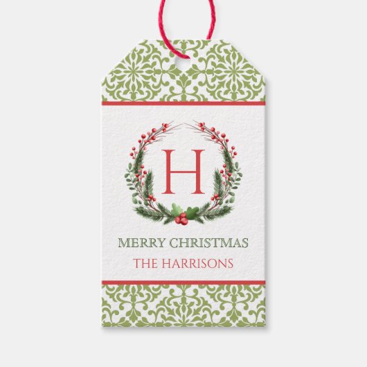 Christmas Wreath Monogrammed Gift Labels Cadeaulabel (Voorkant)