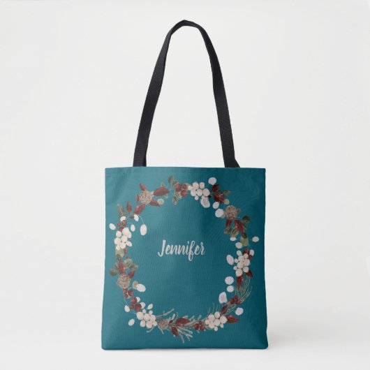 Christmas wreath on a rich teal named tote bag (Voorkant)