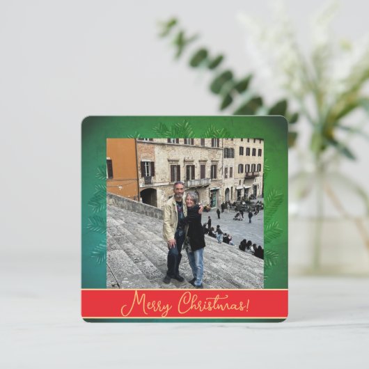 Christmas Wreath + Photo Flat Holiday Card Feestdagenkaart (Staand voorkant)
