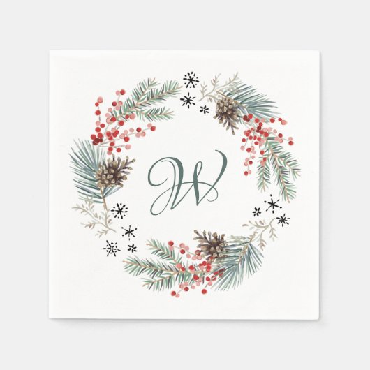 Christmas Wreath Pine Berry Snowflakes Monogram Servet (Voorkant)