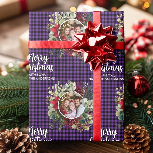 Christmas Wreath Plaids Family Photo Personalized Cadeaupapier
