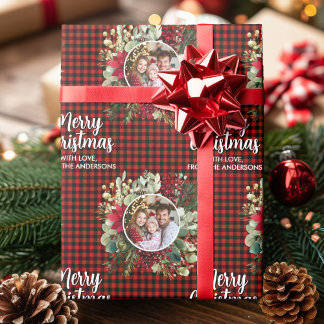 Christmas Wreath Plaids Family Photo Personalized Cadeaupapier