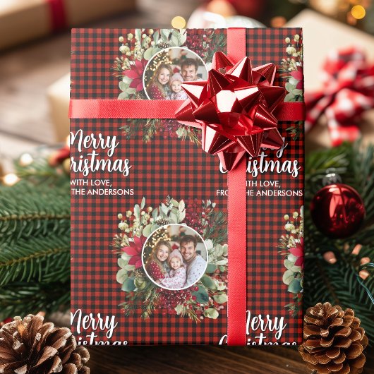 Christmas Wreath Plaids Family Photo Personalized Cadeaupapier