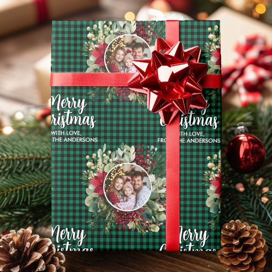 Christmas Wreath Plaids Family Photo Personalized Cadeaupapier