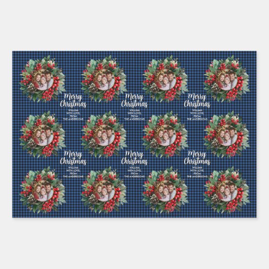 Christmas Wreath Plaids Family Photos Personalized Inpakpapier Vel (Voorkant 3)