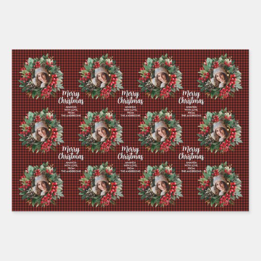 Christmas Wreath Plaids Family Photos Personalized Inpakpapier Vel (Voorkant 2)