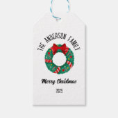 Christmas Wreath Red Bow Lights Personalized Name Cadeaulabel (Voorkant)