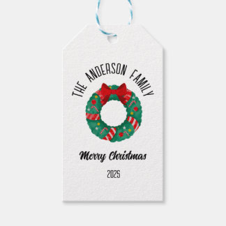 Christmas Wreath Red Bow Lights Personalized Name Cadeaulabel