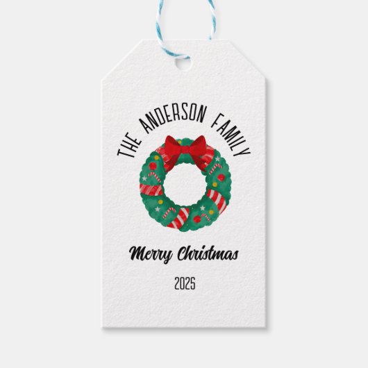 Christmas Wreath Red Bow Lights Personalized Name Cadeaulabel (Voorkant)