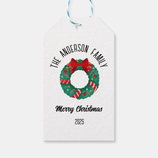 Christmas Wreath Red Bow Lights Personalized Name Cadeaulabel (Achterkant)