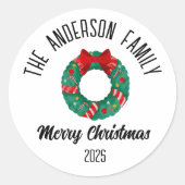 Christmas Wreath Red Bow Lights Personalized Name Ronde Sticker (Voorkant)
