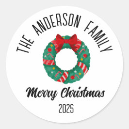 Christmas Wreath Red Bow Lights Personalized Name Ronde Sticker