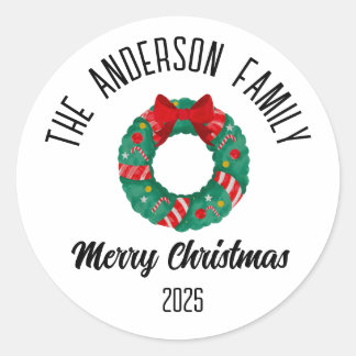 Christmas Wreath Red Bow Lights Personalized Name Ronde Sticker